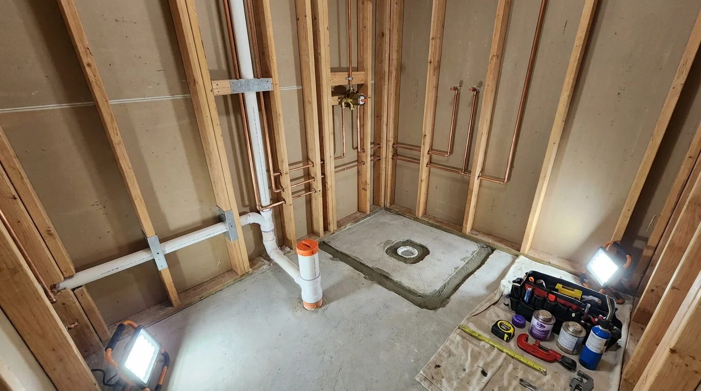 Bathroom rough-in plumbing during remodel by Johns Plumbing LLC in Coloma