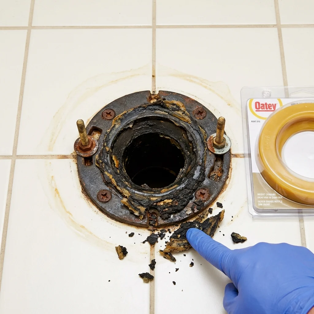 Failed wax ring showing water seepage at the base of a toilet in a Coloma, MI home