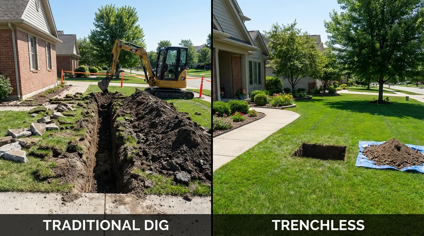 Trenchless sewer repair with minimal yard damage versus traditional excavation in Coloma, MI